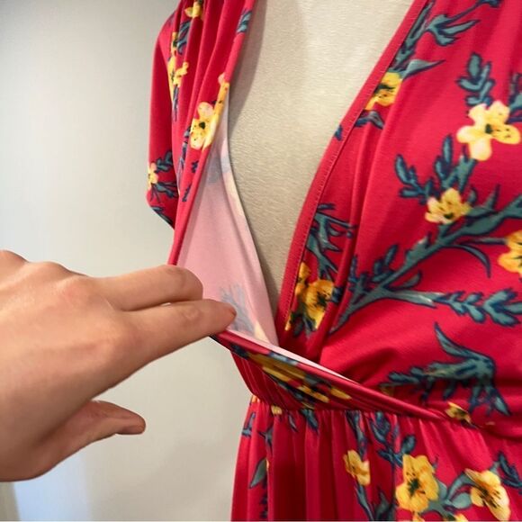 Floral bright pink fake Wrap short sleeve Dress size Small - Picture 3 of 13